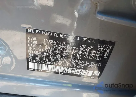 2024 Honda Hr-V Awd Sport/Awd Sport W/O Bsi z USA, uszkodzony, nr VIN 3CZRZ2H57RM762254